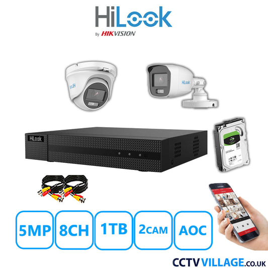 HiLook 5MP Mix CCTV System 8 Channel DVR-208Q-M1 with 1xTurret Camera THC-T159-MS White & 1xBullet Camera THC-B159-MS White 1TB HDD Full Kit