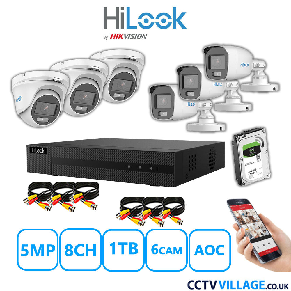 HiLook 5MP Mix CCTV System 8 Channel DVR-208Q-M1 with 3xTurret Cameras THC-T159-MS White & 3xBullet Cameras THC-B159-MS White 1TB HDD Full Kit