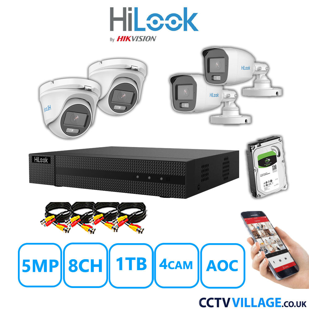 HiLook 5MP Mix CCTV System 8 Channel DVR-208Q-M1 with 2xTurret Cameras THC-T159-MS White & 2xBullet Cameras THC-B159-MS White 1TB HDD Full Kit