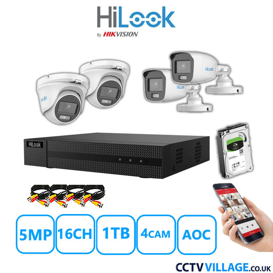 HiLook 5MP Mix CCTV System 16 Channel DVR-216Q-M1 with 2xTurret Cameras THC-T159-MS White & 2xBullet Cameras THC-B159-MS White 1TB HDD Full Kit