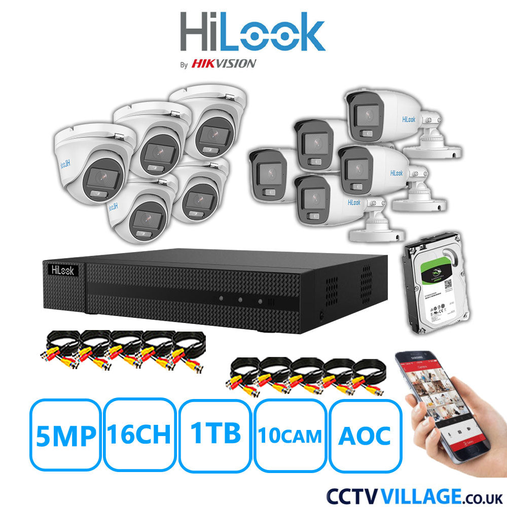 HiLook 5MP Mix CCTV System 16 Channel DVR-216Q-M1 with 5xTurret Cameras THC-T159-MS White & 5xBullet Cameras THC-B159-MS White 1TB HDD Full Kit