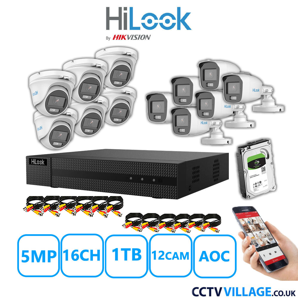 HiLook 5MP Mix CCTV System 16 Channel DVR-216Q-M1 with 6xTurret Cameras THC-T159-MS White & 6xBullet Cameras THC-B159-MS White 1TB HDD Full Kit