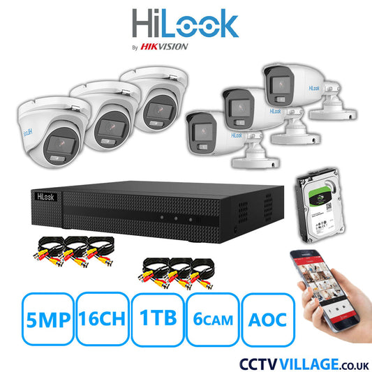 HiLook 5MP Mix CCTV System 16 Channel DVR-216Q-M1 with 3xTurret Cameras THC-T159-MS White & 3xBullet Cameras THC-B159-MS White 1TB HDD Full Kit