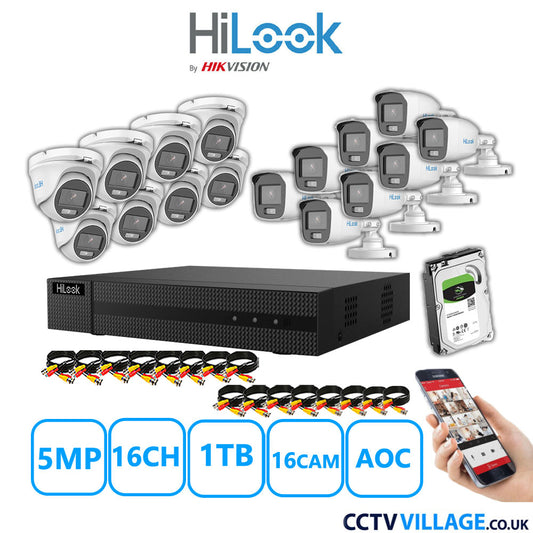 HiLook 5MP Mix CCTV System 16 Channel DVR-216Q-M1 with 8xTurret Cameras THC-T159-MS White & 8xBullet Cameras THC-B159-MS White 1TB HDD Full Kit