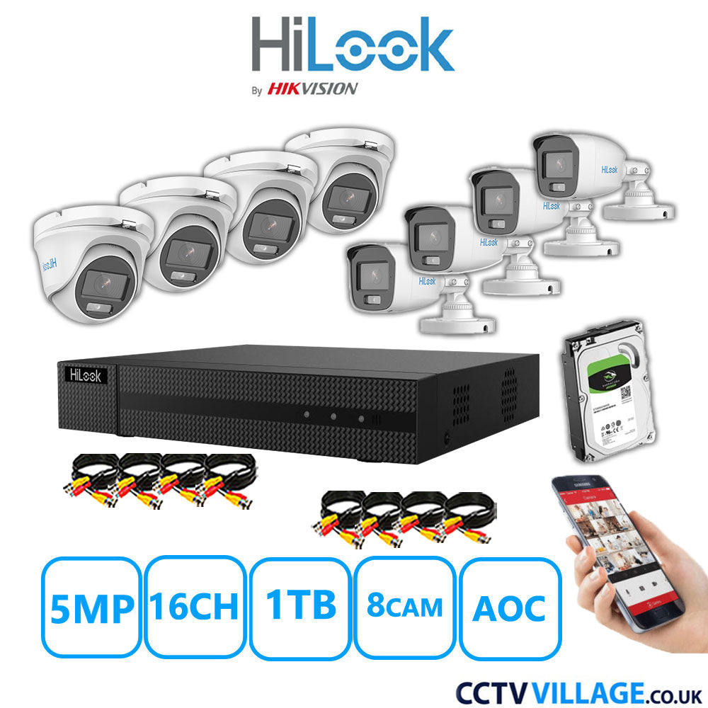 HiLook 5MP Mix CCTV System 16 Channel DVR-216Q-M1 with 4xTurret Cameras THC-T159-MS White & 4xBullet Cameras THC-B159-MS White 1TB HDD Full Kit