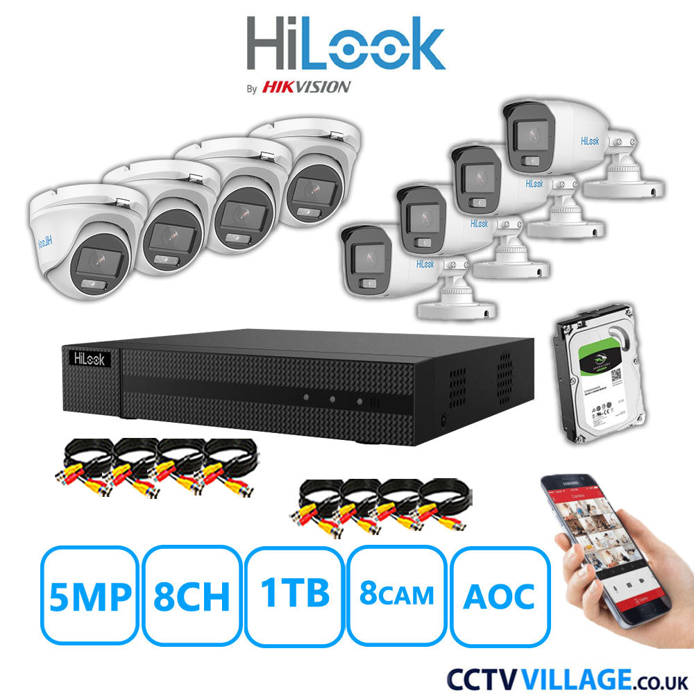 HiLook 5MP Mix CCTV System 8 Channel DVR-208Q-M1 with 4xTurret Cameras THC-T159-MS White & 4xBullet Cameras THC-B159-MS White 1TB HDD Full Kit