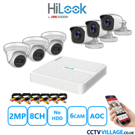 HiLook 2MP Mix CCTV System 8 Channel DVR-108G-K1 with 3xTurret Cameras THC-T220-MS White & 3xBullet Cameras THC-B120-MC White No HDD Full Kit