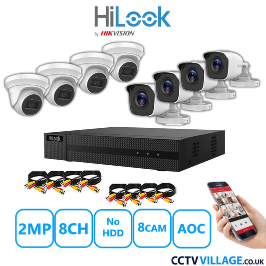 HiLook 2MP Mix CCTV System 8 Channel DVR-208G-K1 with 4xTurret Cameras THC-T220-MS White & 4xBullet Cameras THC-B120-MC White No HDD Full Kit