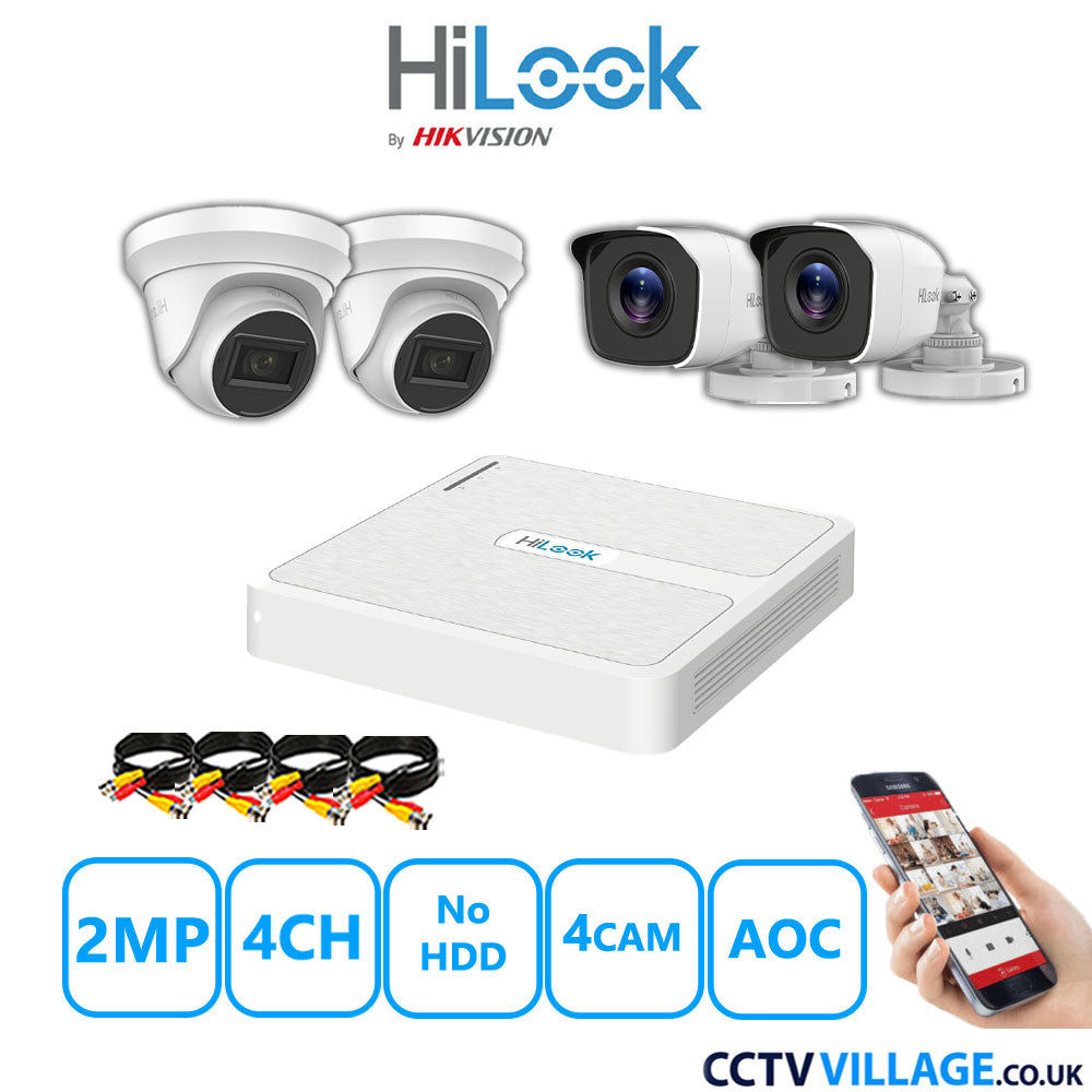 HiLook 2MP Mix CCTV System 4 Channel DVR-104G-K1 with 2xTurret Cameras THC-T220-MS White & 2xBullet Cameras THC-B120-MC White No HDD Full Kit