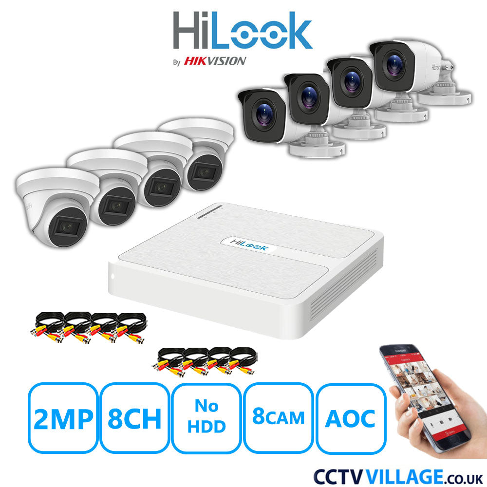 HiLook 2MP Mix CCTV System 8 Channel DVR-108G-K1 with 4xTurret Cameras THC-T220-MS White & 4xBullet Cameras THC-B120-MC White No HDD Full Kit