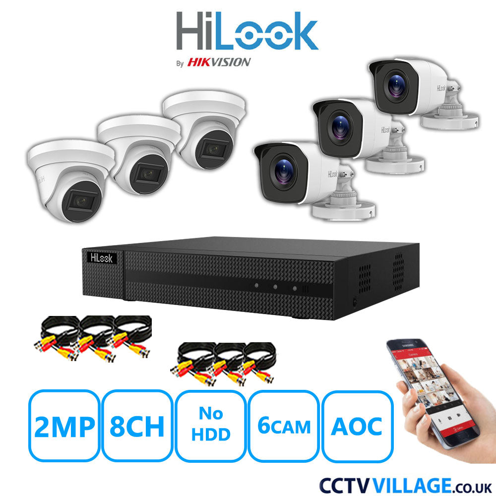 HiLook 2MP Mix CCTV System 8 Channel DVR-208G-K1 with 3xTurret Cameras THC-T220-MS White & 3xBullet Cameras THC-B120-MC White No HDD Full Kit