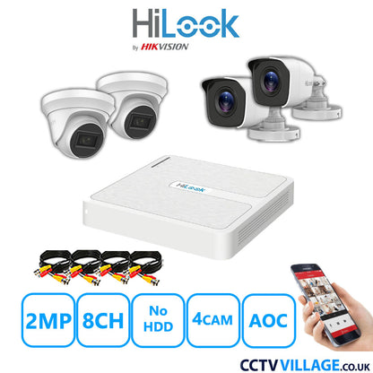 HiLook 2MP Mix CCTV System 8 Channel DVR-108G-K1 with 2xTurret Cameras THC-T220-MS White & 2xBullet Cameras THC-B120-MC White No HDD Full Kit