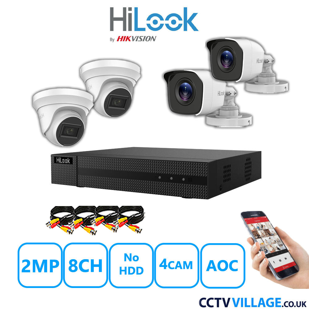 HiLook 2MP Mix CCTV System 8 Channel DVR-208G-K1 with 2xTurret Cameras THC-T220-MS White & 2xBullet Cameras THC-B120-MC White No HDD Full Kit