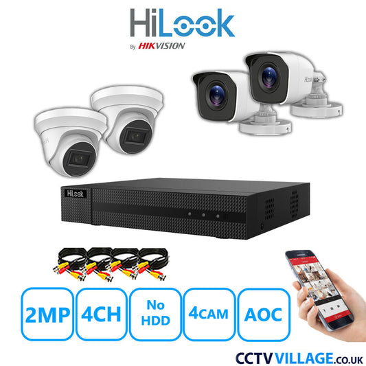 HiLook 2MP Mix CCTV System 4 Channel DVR-204G-K1 with 2xTurret Cameras THC-T220-MS White & 2xBullet Cameras THC-B120-MC White No HDD Full Kit