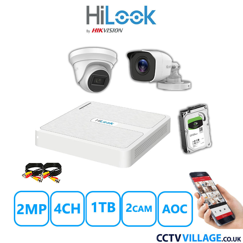 HiLook 2MP Mix CCTV System 4 Channel DVR-104G-K1 with 1xTurret Camera THC-T220-MS White & 1xBullet Camera THC-B120-MC White 1TB HDD Full Kit