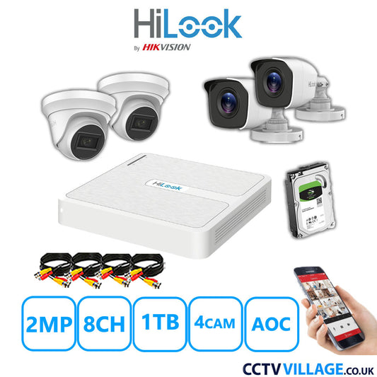 HiLook 2MP Mix CCTV System 8 Channel DVR-108G-K1 with 2xTurret Cameras THC-T220-MS White & 2xBullet Cameras THC-B120-MC White 1TB HDD Full Kit