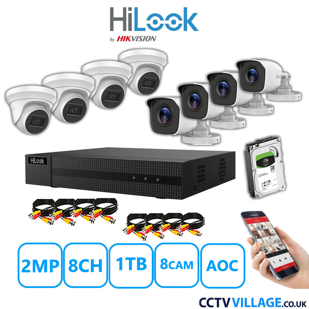 HiLook 2MP Mix CCTV System 8 Channel DVR-208G-K1 with 4xTurret Cameras THC-T220-MS White & 4xBullet Cameras THC-B120-MC White 1TB HDD Full Kit