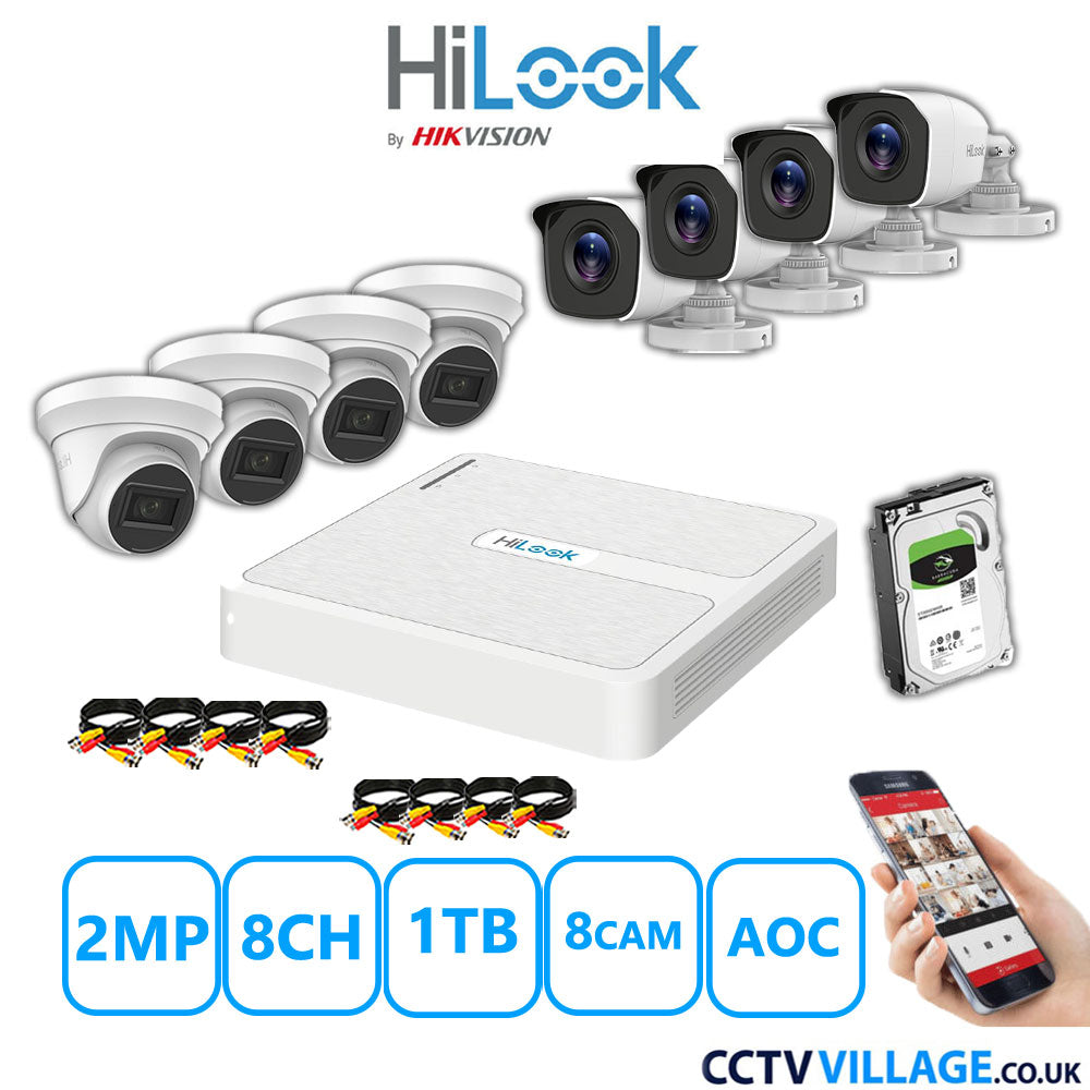 HiLook 2MP Mix CCTV System 8 Channel DVR-108G-K1 with 4xTurret Cameras THC-T220-MS White & 4xBullet Cameras THC-B120-MC White 1TB HDD Full Kit