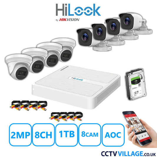 HiLook 2MP Mix CCTV System 8 Channel DVR-108G-K1 with 4xTurret Cameras THC-T220-MS White & 4xBullet Cameras THC-B120-MC White 1TB HDD Full Kit