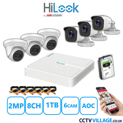 HiLook 2MP Mix CCTV System 8 Channel DVR-108G-K1 with 3xTurret Cameras THC-T220-MS White & 3xBullet Cameras THC-B120-MC White 1TB HDD Full Kit