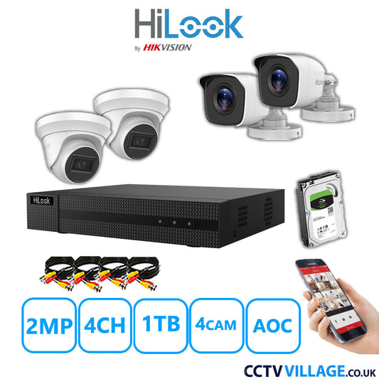 HiLook 2MP Mix CCTV System 4 Channel DVR-204G-K1 with 2xTurret Cameras THC-T220-MS White & 2xBullet Cameras THC-B120-MC White 1TB HDD Full Kit