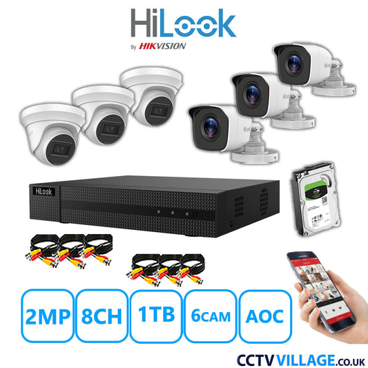 HiLook 2MP Mix CCTV System 8 Channel DVR-208G-K1 with 3xTurret Cameras THC-T220-MS White & 3xBullet Cameras THC-B120-MC White 1TB HDD Full Kit