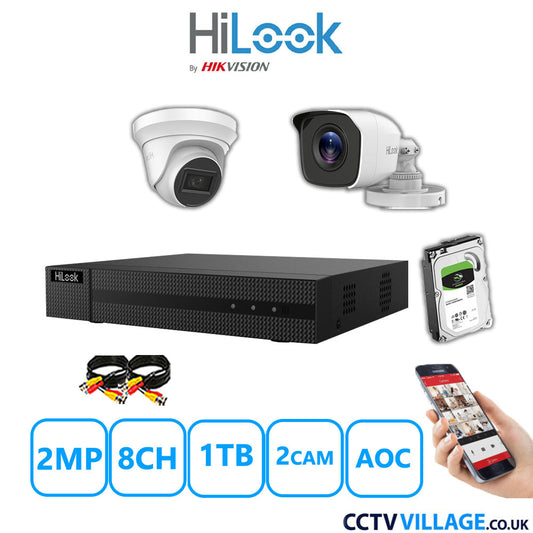 HiLook 2MP Mix CCTV System 8 Channel DVR-208G-K1 with 1xTurret Camera THC-T220-MS White & 1xBullet Camera THC-B120-MC White 1TB HDD Full Kit