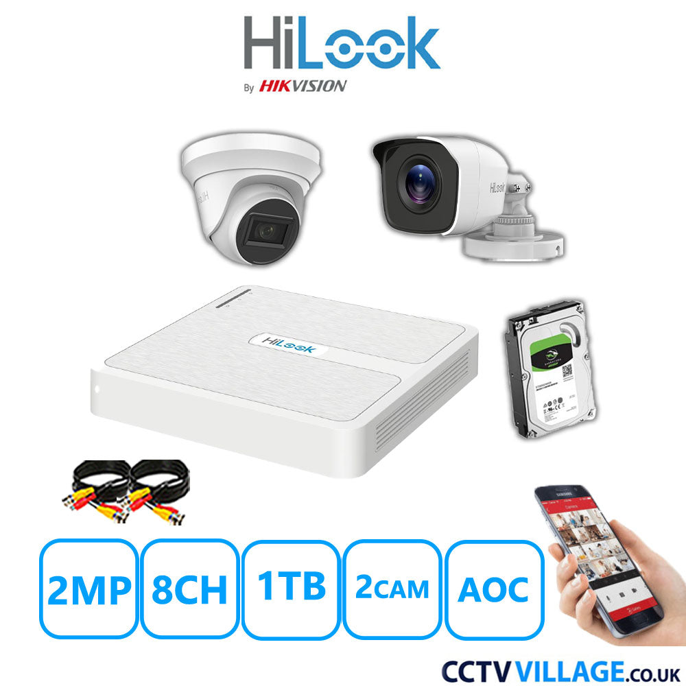 HiLook 2MP Mix CCTV System 8 Channel DVR-108G-K1 with 1xTurret Camera THC-T220-MS White & 1xBullet Camera THC-B120-MC White 1TB HDD Full Kit