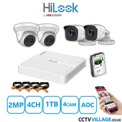 HiLook 2MP Mix CCTV System 4 Channel DVR-104G-K1 with 2xTurret Cameras THC-T220-MS White & 2xBullet Cameras THC-B120-MC White 1TB HDD Full Kit