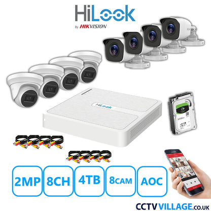 HiLook 2MP Mix CCTV System 8 Channel DVR-108G-K1 with 4xTurret Cameras THC-T220-MS White & 4xBullet Cameras THC-B120-MC White 4TB HDD Full Kit