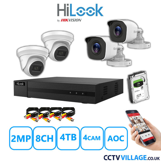 HiLook 2MP Mix CCTV System 8 Channel DVR-208G-K1 with 2xTurret Cameras THC-T220-MS White & 2xBullet Cameras THC-B120-MC White 4TB HDD Full Kit