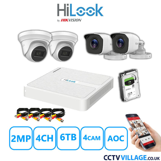 HiLook 2MP Mix CCTV System 4 Channel DVR-104G-K1 with 2xTurret Cameras THC-T220-MS White & 2xBullet Cameras THC-B120-MC White 6TB HDD Full Kit