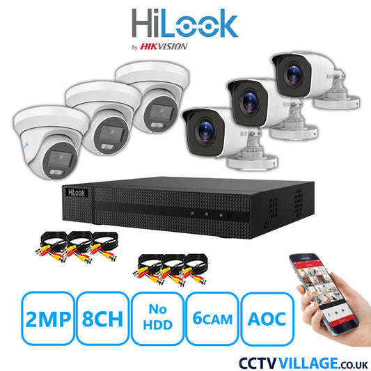 HiLook 2MP Mix CCTV System 8 Channel DVR-208G-K1 with 3xTurret Cameras THC-T229-MS White & 3xBullet Cameras THC-B120-MC White No HDD Full Kit