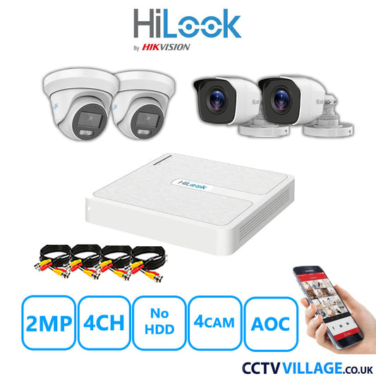 HiLook 2MP Mix CCTV System 4 Channel DVR-104G-K1 with 2xTurret Cameras THC-T229-MS White & 2xBullet Cameras THC-B120-MC White No HDD Full Kit