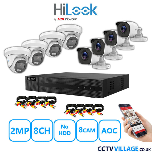 HiLook 2MP Mix CCTV System 8 Channel DVR-208G-K1 with 4xTurret Cameras THC-T229-MS White & 4xBullet Cameras THC-B120-MC White No HDD Full Kit