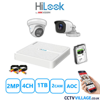 HiLook 2MP Mix CCTV System 4 Channel DVR-104G-K1 with 1xTurret Camera THC-T229-MS White & 1xBullet Camera THC-B120-MC White 1TB HDD Full Kit