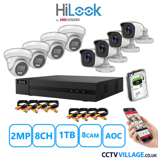 HiLook 2MP Mix CCTV System 8 Channel DVR-208G-K1 with 4xTurret Cameras THC-T229-MS White & 4xBullet Cameras THC-B120-MC White 1TB HDD Full Kit