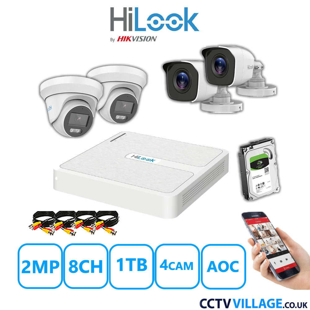 HiLook 2MP Mix CCTV System 8 Channel DVR-108G-K1 with 2xTurret Cameras THC-T229-MS White & 2xBullet Cameras THC-B120-MC White 1TB HDD Full Kit