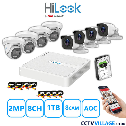 HiLook 2MP Mix CCTV System 8 Channel DVR-108G-K1 with 4xTurret Cameras THC-T229-MS White & 4xBullet Cameras THC-B120-MC White 1TB HDD Full Kit