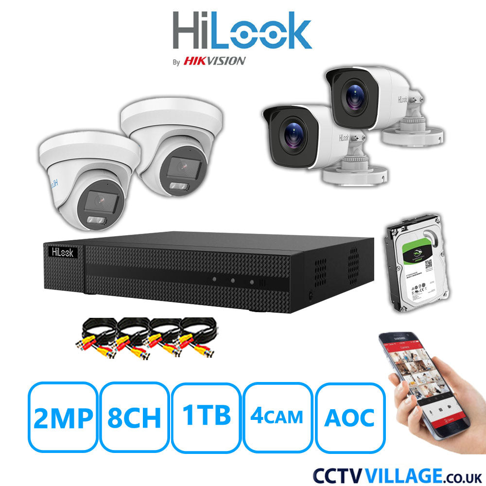 HiLook 2MP Mix CCTV System 8 Channel DVR-208G-K1 with 2xTurret Cameras THC-T229-MS White & 2xBullet Cameras THC-B120-MC White 1TB HDD Full Kit