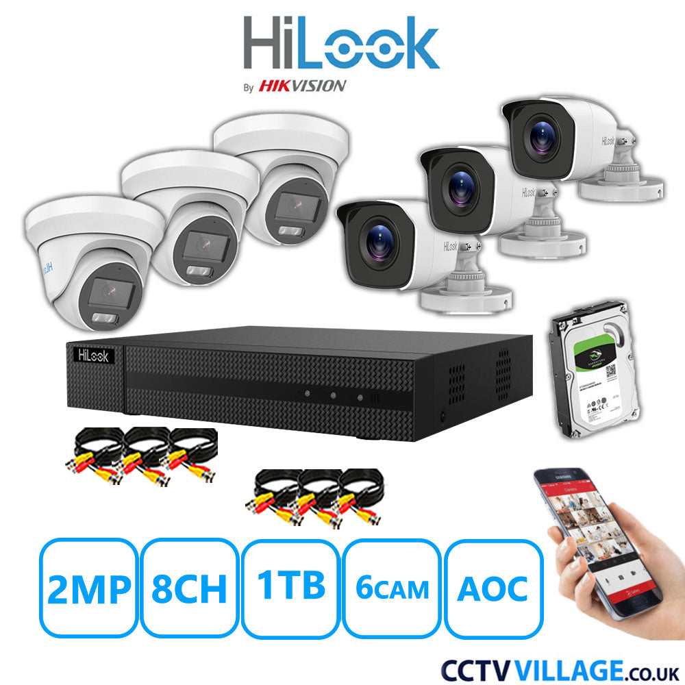 HiLook 2MP Mix CCTV System 8 Channel DVR-208G-K1 with 3xTurret Cameras THC-T229-MS White & 3xBullet Cameras THC-B120-MC White 1TB HDD Full Kit