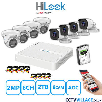 HiLook 2MP Mix CCTV System 8 Channel DVR-108G-K1 with 4xTurret Cameras THC-T229-MS White & 4xBullet Cameras THC-B120-MC White 2TB HDD Full Kit