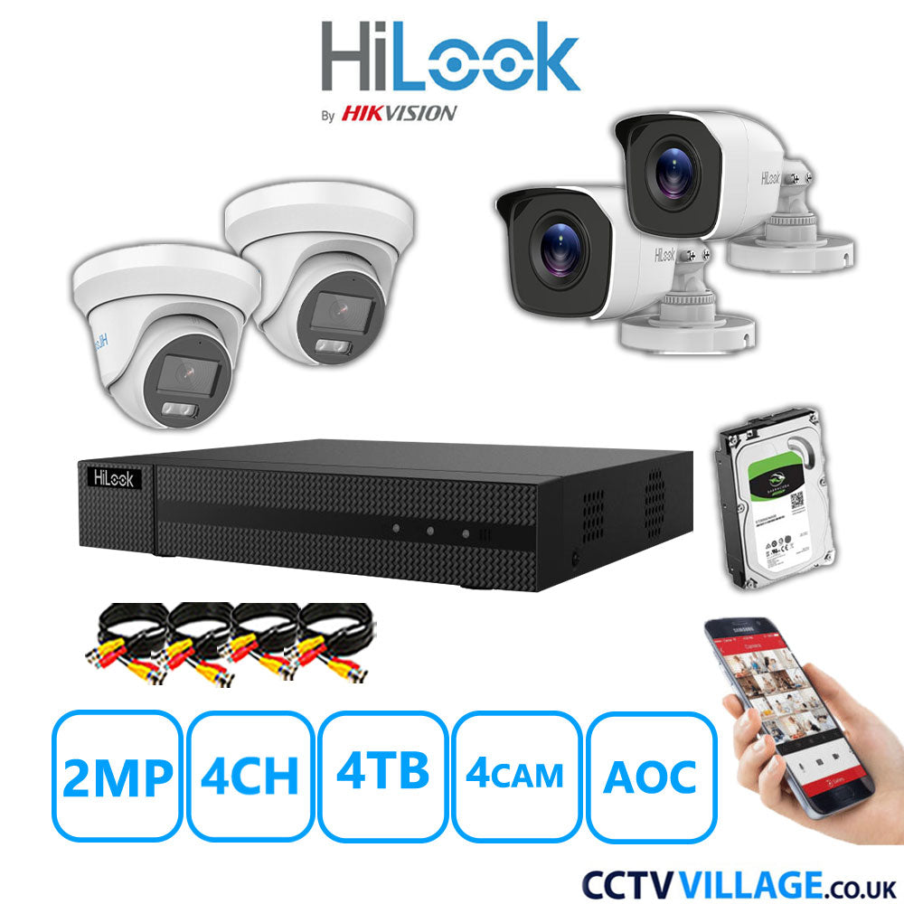 HiLook 2MP Mix CCTV System 4 Channel DVR-204G-K1 with 2xTurret Cameras THC-T229-MS White & 2xBullet Cameras THC-B120-MC White 4TB HDD Full Kit