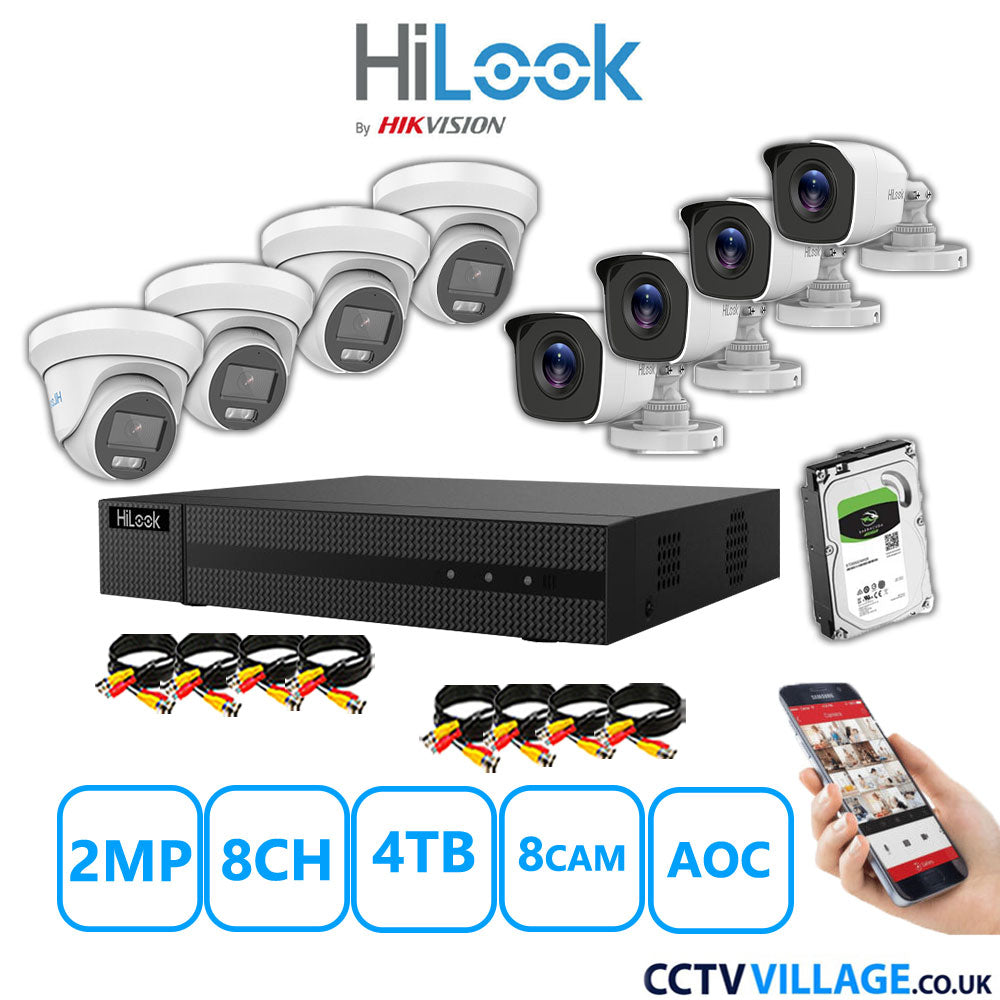 HiLook 2MP Mix CCTV System 8 Channel DVR-208G-K1 with 4xTurret Cameras THC-T229-MS White & 4xBullet Cameras THC-B120-MC White 4TB HDD Full Kit