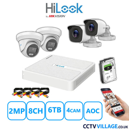 HiLook 2MP Mix CCTV System 8 Channel DVR-108G-K1 with 2xTurret Cameras THC-T229-MS White & 2xBullet Cameras THC-B120-MC White 6TB HDD Full Kit