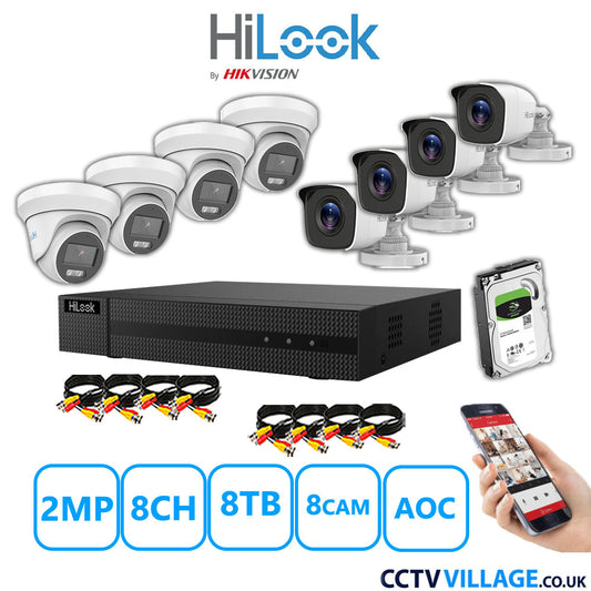 HiLook 2MP Mix CCTV System 8 Channel DVR-208G-K1 with 4xTurret Cameras THC-T229-MS White & 4xBullet Cameras THC-B120-MC White 8TB HDD Full Kit