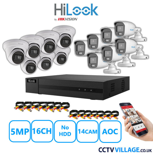 HiLook 5MP Mix CCTV System 16 Channel DVR-216Q-M1 with 7xTurret Cameras THC-T250-MS White & 7xBullet Cameras THC-B159-MS White No HDD Full Kit