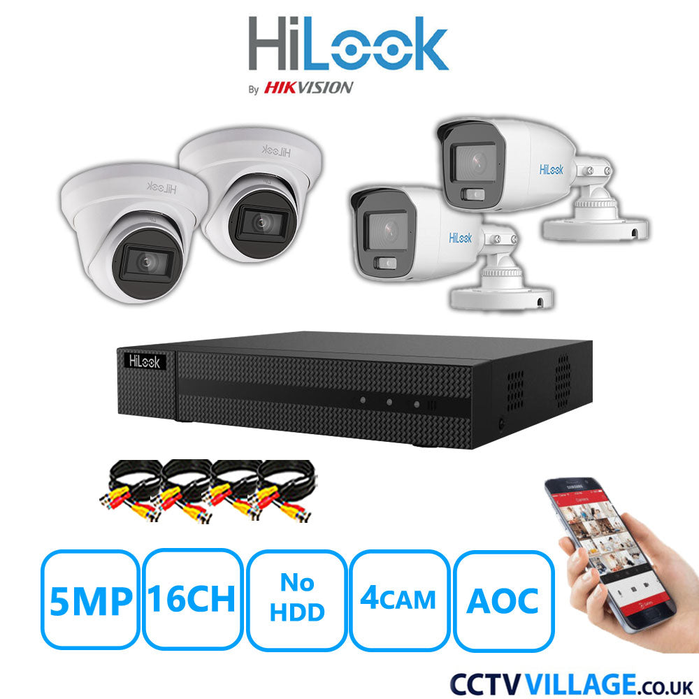 HiLook 5MP Mix CCTV System 16 Channel DVR-216Q-M1 with 2xTurret Cameras THC-T250-MS White & 2xBullet Cameras THC-B159-MS White No HDD Full Kit