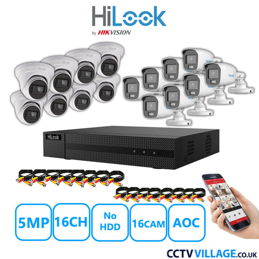 HiLook 5MP Mix CCTV System 16 Channel DVR-216Q-M1 with 8xTurret Cameras THC-T250-MS White & 8xBullet Cameras THC-B159-MS White No HDD Full Kit