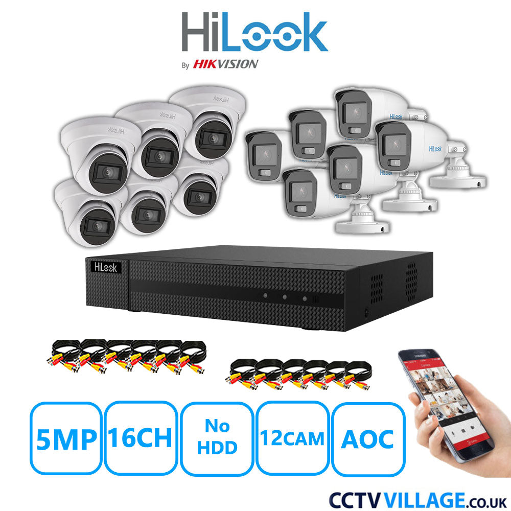 HiLook 5MP Mix CCTV System 16 Channel DVR-216Q-M1 with 6xTurret Cameras THC-T250-MS White & 6xBullet Cameras THC-B159-MS White No HDD Full Kit